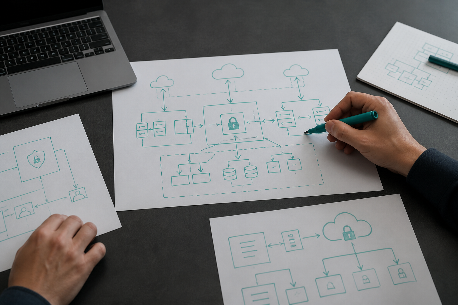 Security architecture review materials on a desk